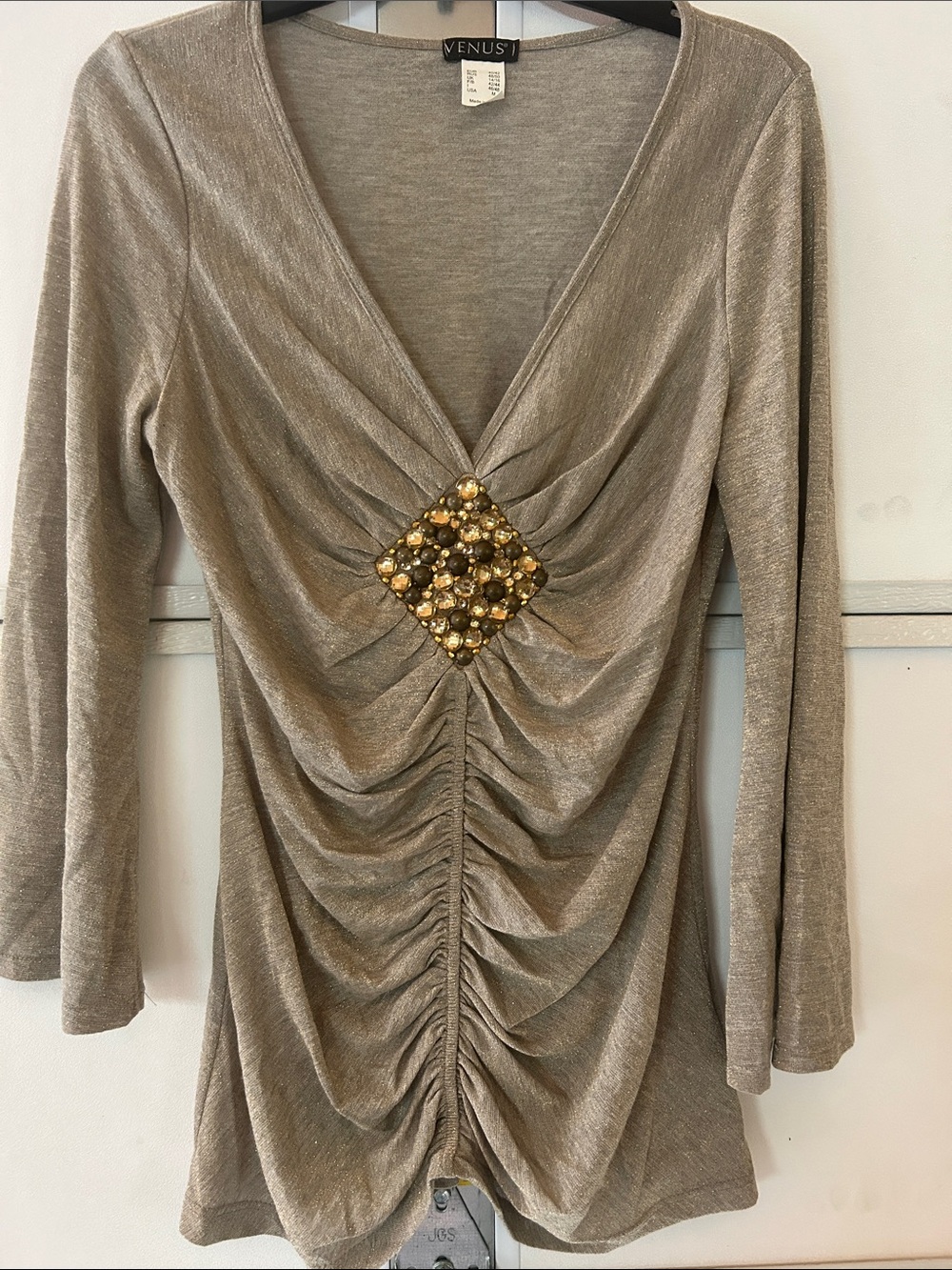VENUS Shimmery Taupe V-Neck Ruched Top with Gold Jewel Cluster YZK Vintage